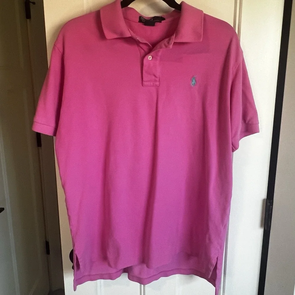 Polo Ralph Lauren Mens Pink Polo Large Blue Horse 100% Cotton Preppy